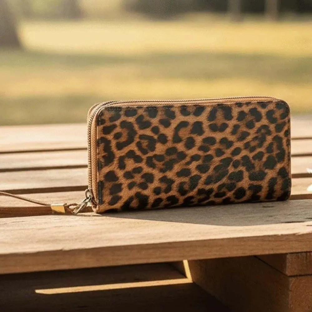 Portable Leopard Print Long Wallet Solid Color Stripe Multiple Cards Purse Korean Style Classic PU Handheld Bag Daily