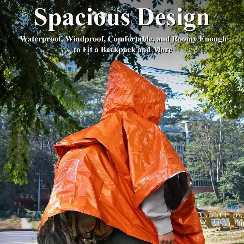 Emergency Waterproof Rain Poncho with Thermal Blanket, Portable Outdoor Camping Hiking Survival Raincoat
