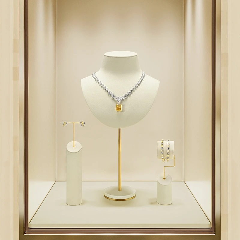 Metal & Microfiber Jewelry Necklace Mannequin Display Stand, Pearl Pendant Neck Model Display Holder