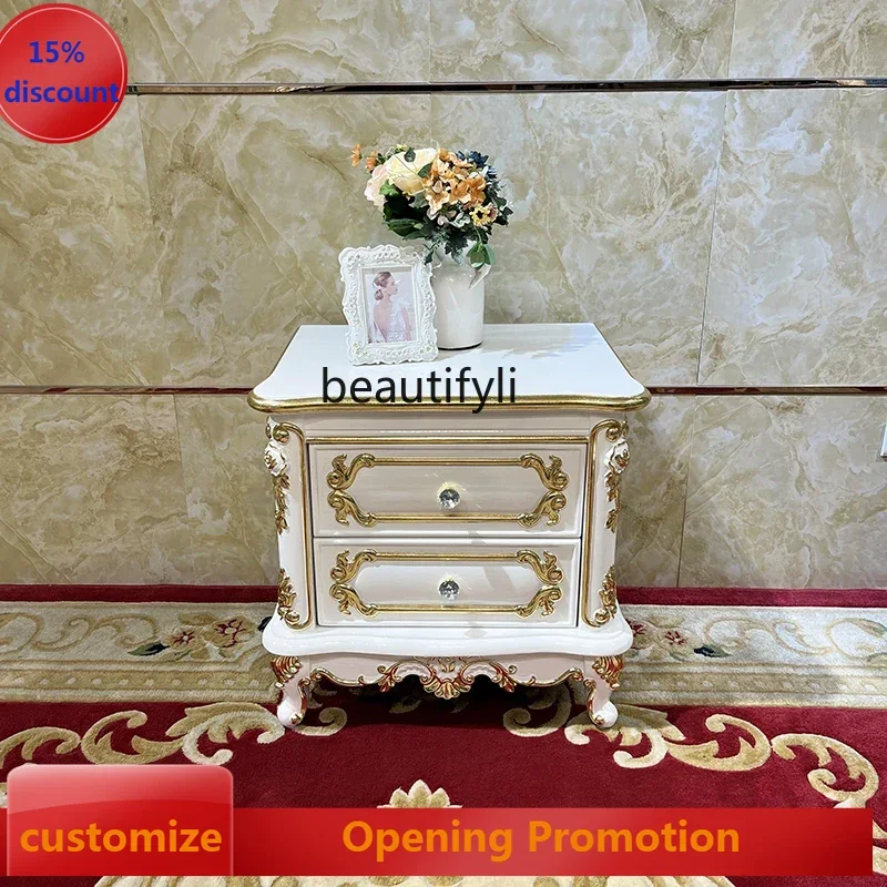 

ss8350 French solid wood bedside table, European double drawer luxury bedside table, bedroom carved locker