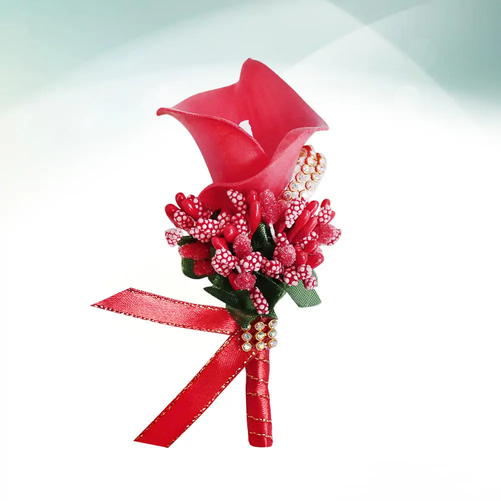 

1 шт. Красная бутоньерка из искусственной кожи в виде каллы с стразами, элегантная брошь-цветок для свадьбы, невесты, подружки невесты, для костюма, платья, вечеринки, выпускного вечера