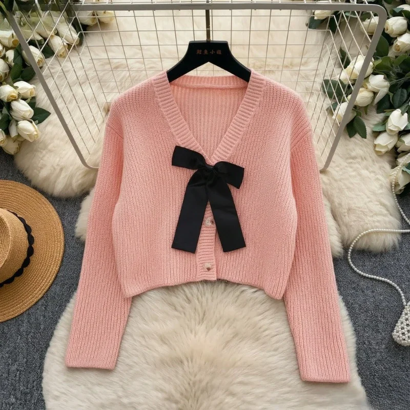 Ladies Soft Cozy Grey V Neck Ribbed Knit Cardigan Long Sleeve Black Bow Pearl Buttons Cute Sweet Casual Sweater Autumn Winter
