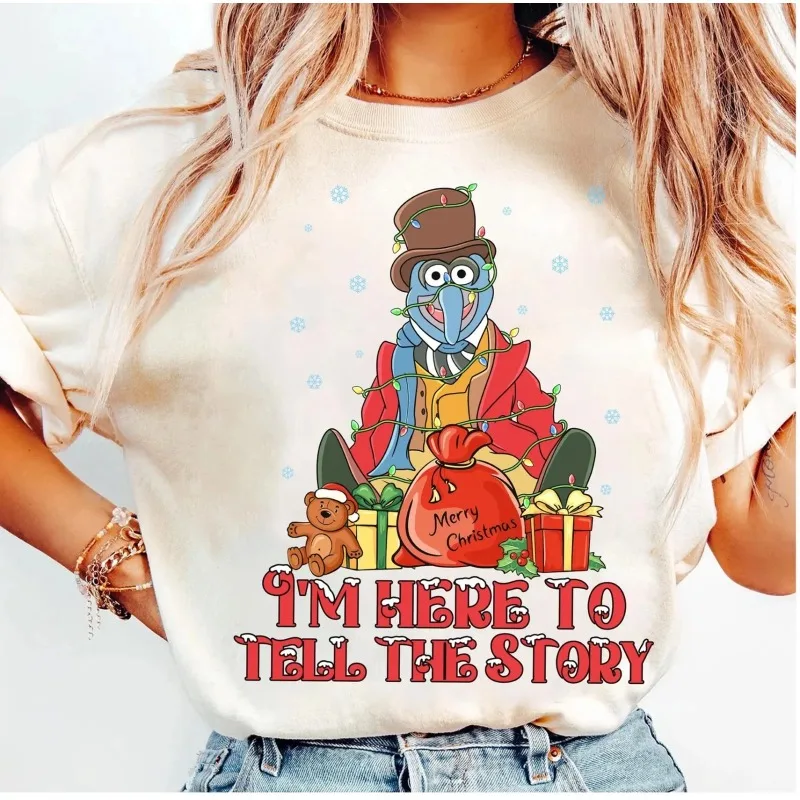 디즈니 인형 크리스마스 캐롤 곤조와 리조 크리스마스 퓨어 코튼 티셔츠 사계절 뉴 유니섹스 캐주얼 패션 스트리트웨어