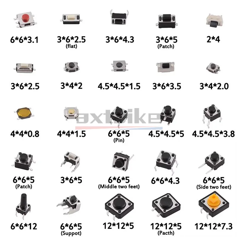 125PCS 25 Types Micro Push Button Tact Switch Kit 2/4Pin SMD/DIP 6*6mm 12*12mm 2*4mm 3*6mm 4*4 Mini MP3/4 Bluetooth Power Switch