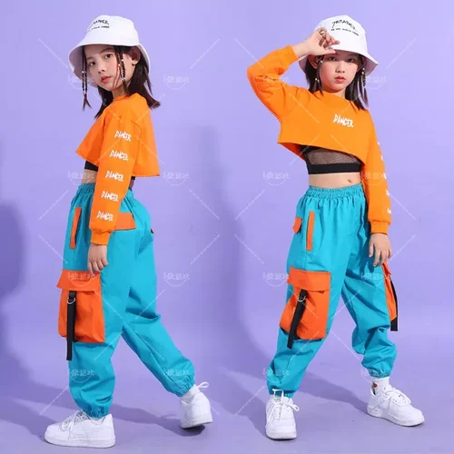 Imagen 2 del producto Top corto de Hip Hop para niñas, pantalones Cargo en contraste, Joggers de Jazz, ropa de calle, sudadera para niños, conjuntos de ropa de animadora de baile callejero