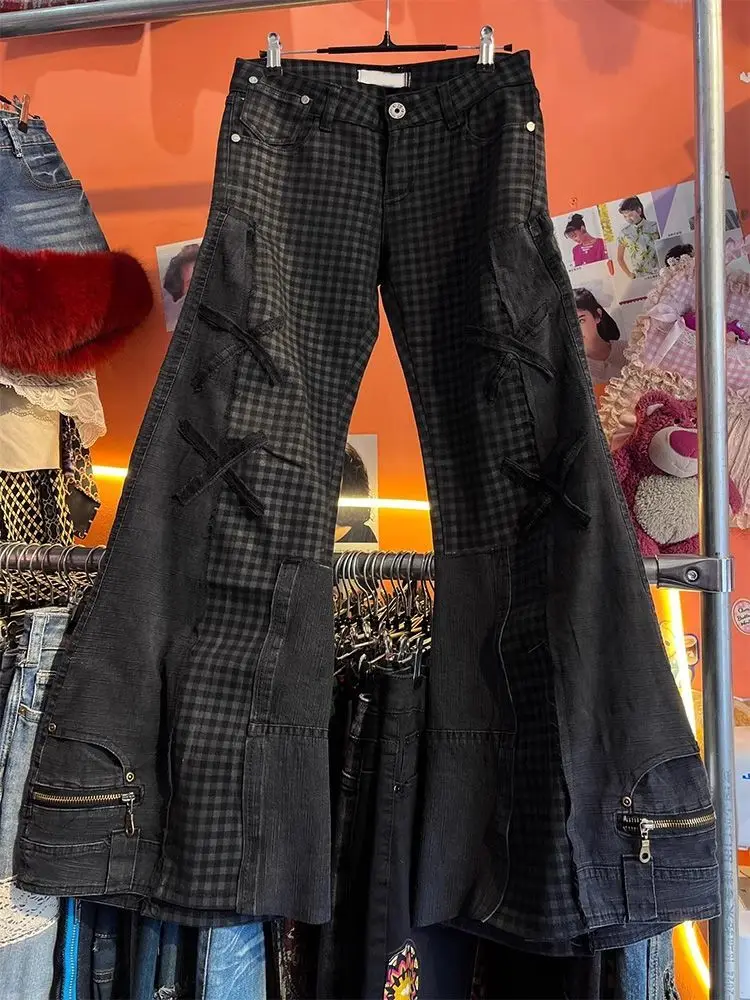 American Retro High Street Millennial Style Design Jeans Children 2026 Spring Black Splicing Spice Girl Micro-pull Trousers