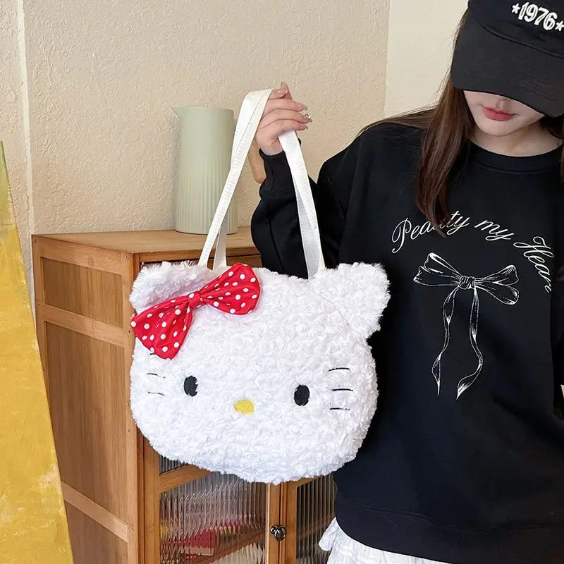 Kawaii Plush Hello Kitty Shoulder Bag Backpack 2 IN 1 for Girl College Student Luxury Designer Handbag with Bow Shopping Bag