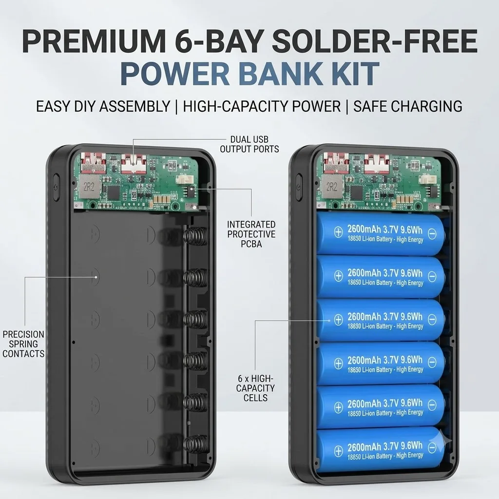 6×18650 DIY Power Bank Shell Dual USB-C Input & Output Portable Battery Storage Case Built-in Camping Light Outdoor Emergency Ch