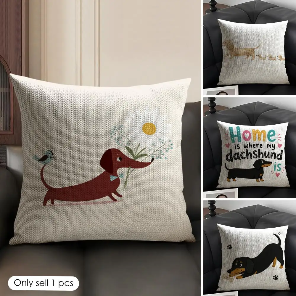 Cute Slogan Dachshund Cushion Cover Natural Linen Organic Fabric Double-Sided Printing Breathable Perfect Gift For Decor