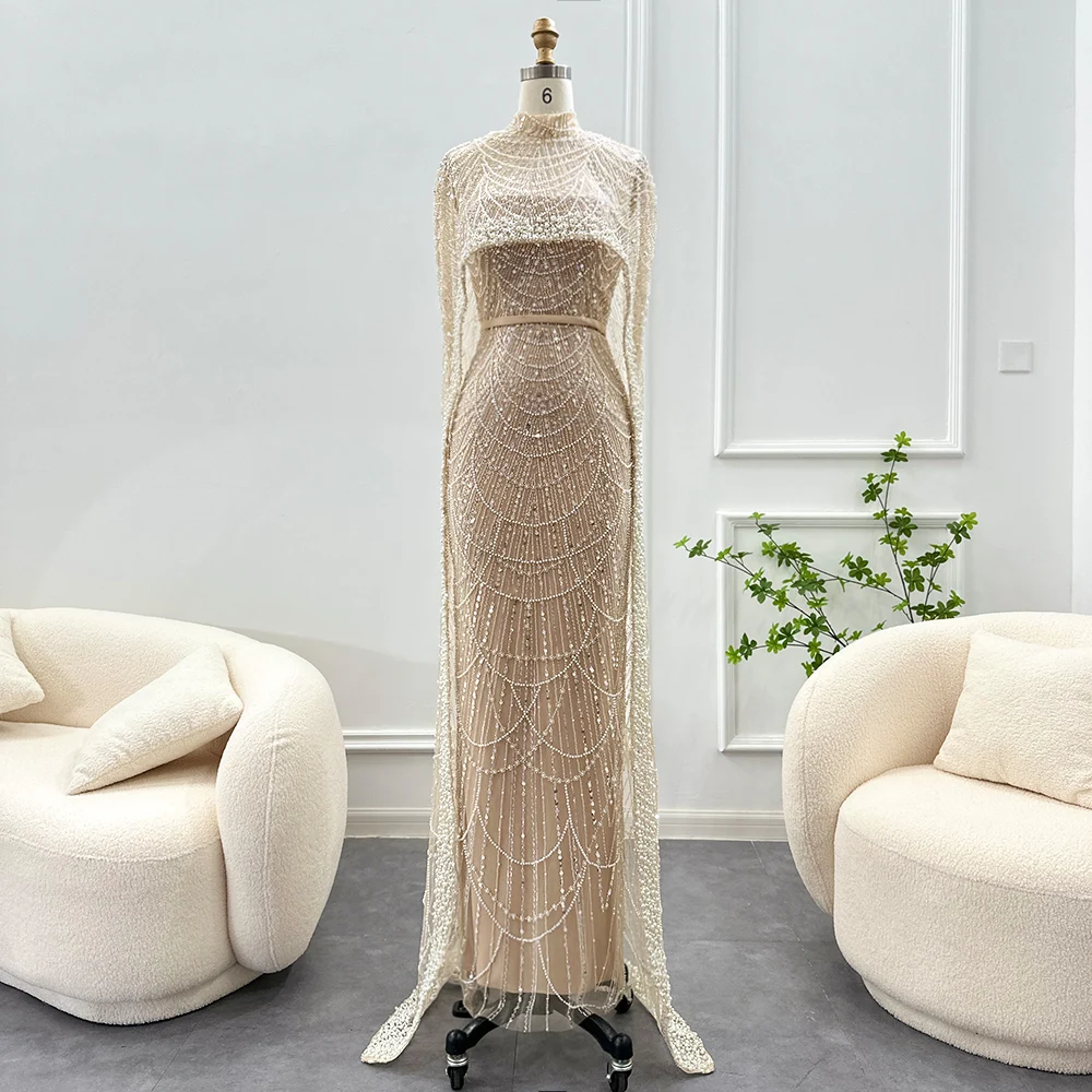 Sharon Said Luxus-Perlen Dubai Champagner Meerjungfrauen-Abendkleider mit Cape-Ärmeln Arabisches Hochzeits- und Abschlussballkleid SS369 Maßanfertigung – Detail 5