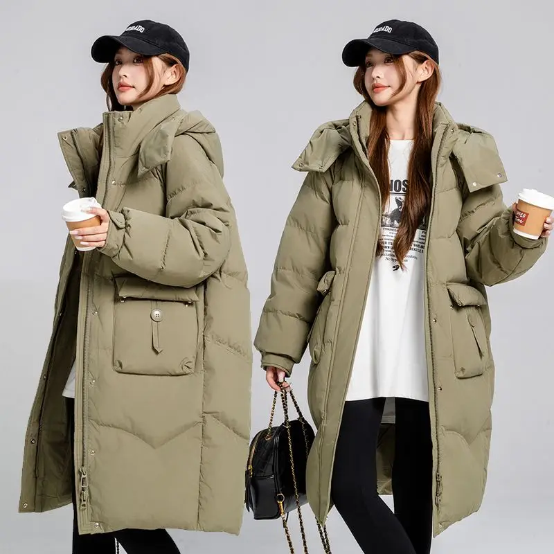 Winter Parka Women Over-the-knee Puffer Jacket Cotton Padded Coats Warm Thick Detachable Hood Trendy Windproof Pockets Outerwear