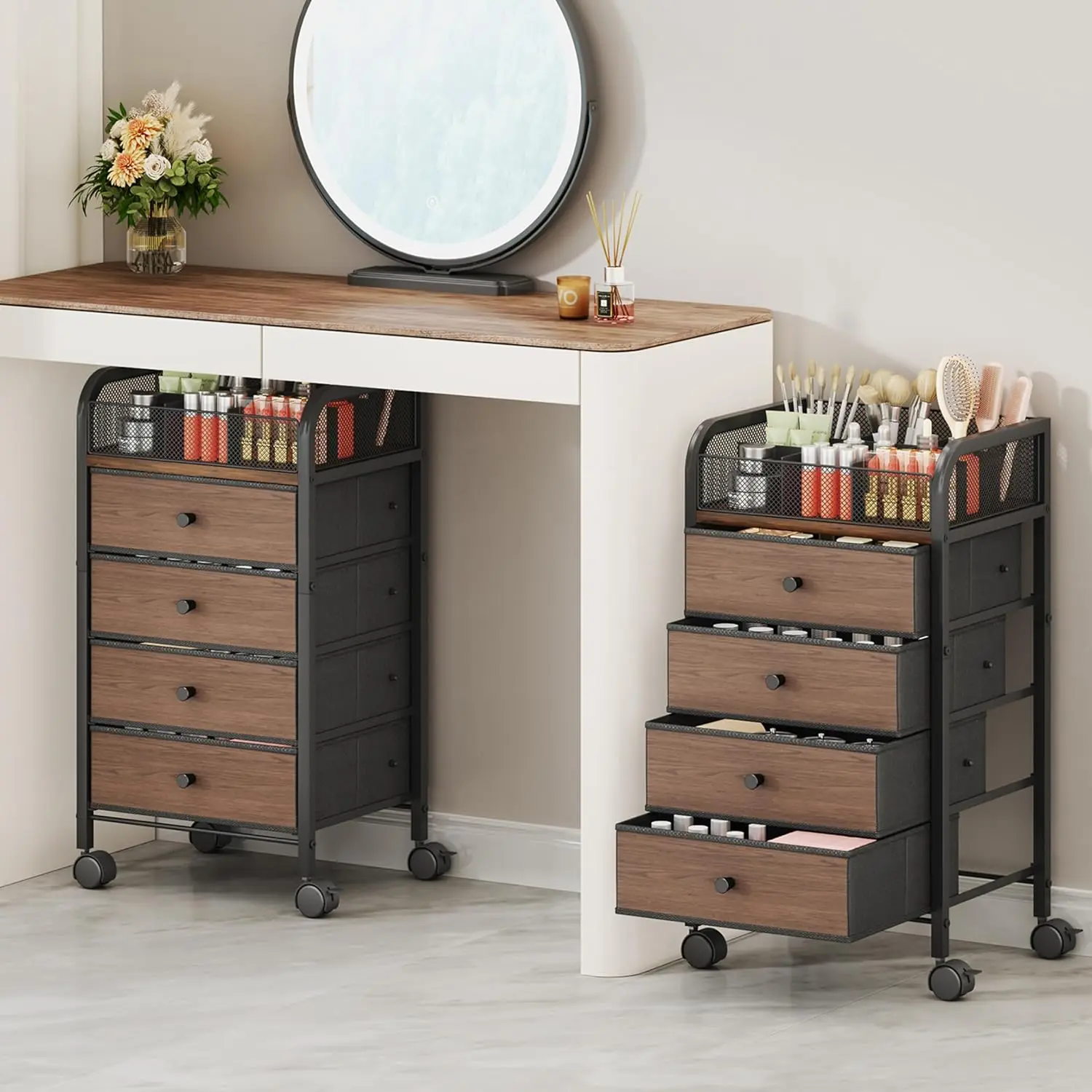 

Rolling Makeup Organizer Cart with 4 Drawers, Widened Vanity Storage for Cosmetics, Skincare, Nail Polish, Hair Tools, Black
