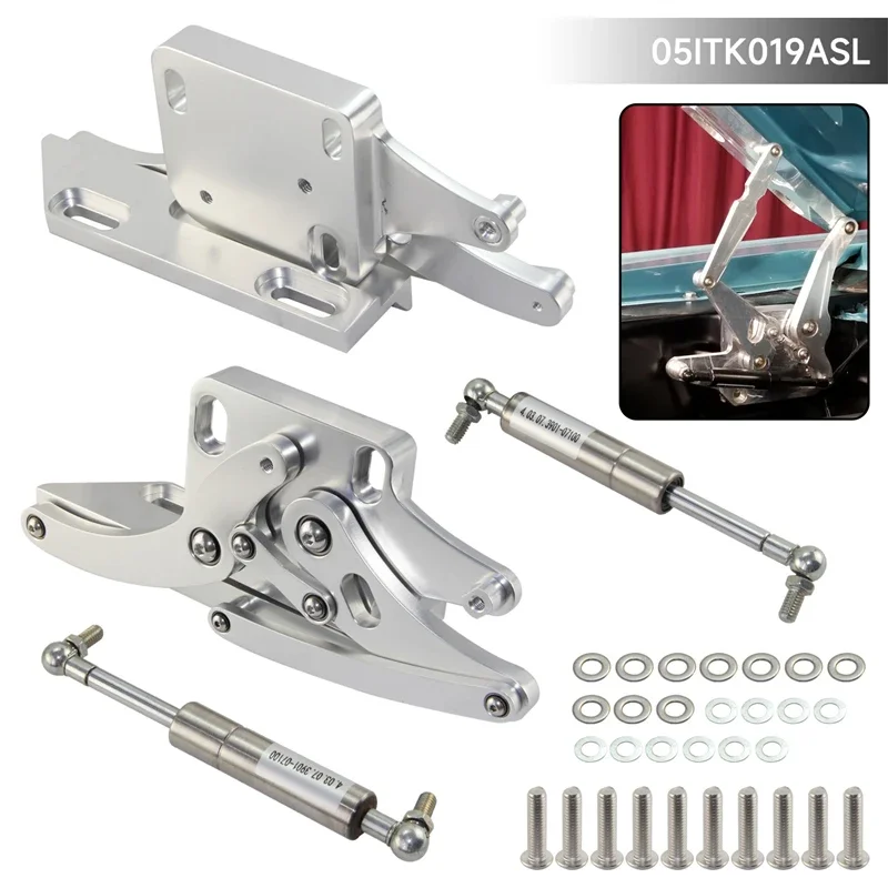 Left and Right Side Billet Hood Hinge Kit Pair For Ford Mustang 1967-1969 Silver CNC Aluminum 3.3L 4.1L 4.7L 5.0L 5.8L 6.4L 7.0L