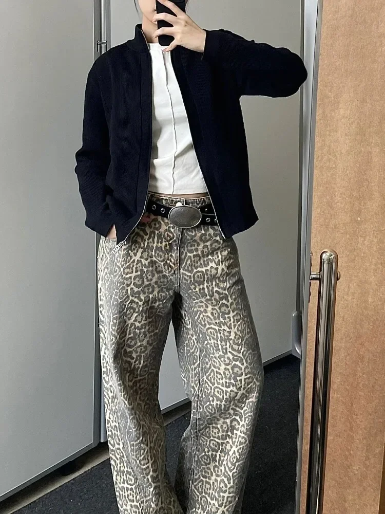 بنطلون جينز نسائي واسع الساق واسع جلد النمر ، بنطلون جينز فضفاض غير رسمي ، بنطلون عالي الخصر ، اتجاه هاراجاكي ، جمالي عتيق ، الربيع ، #2