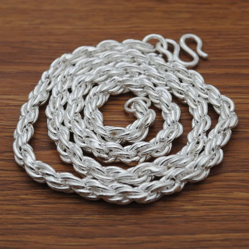 Real Pure S999 Sterling Silver Chain Men Unique Gift Width 4mm -10mm Twisted Rope Necklace 55cm-65cm