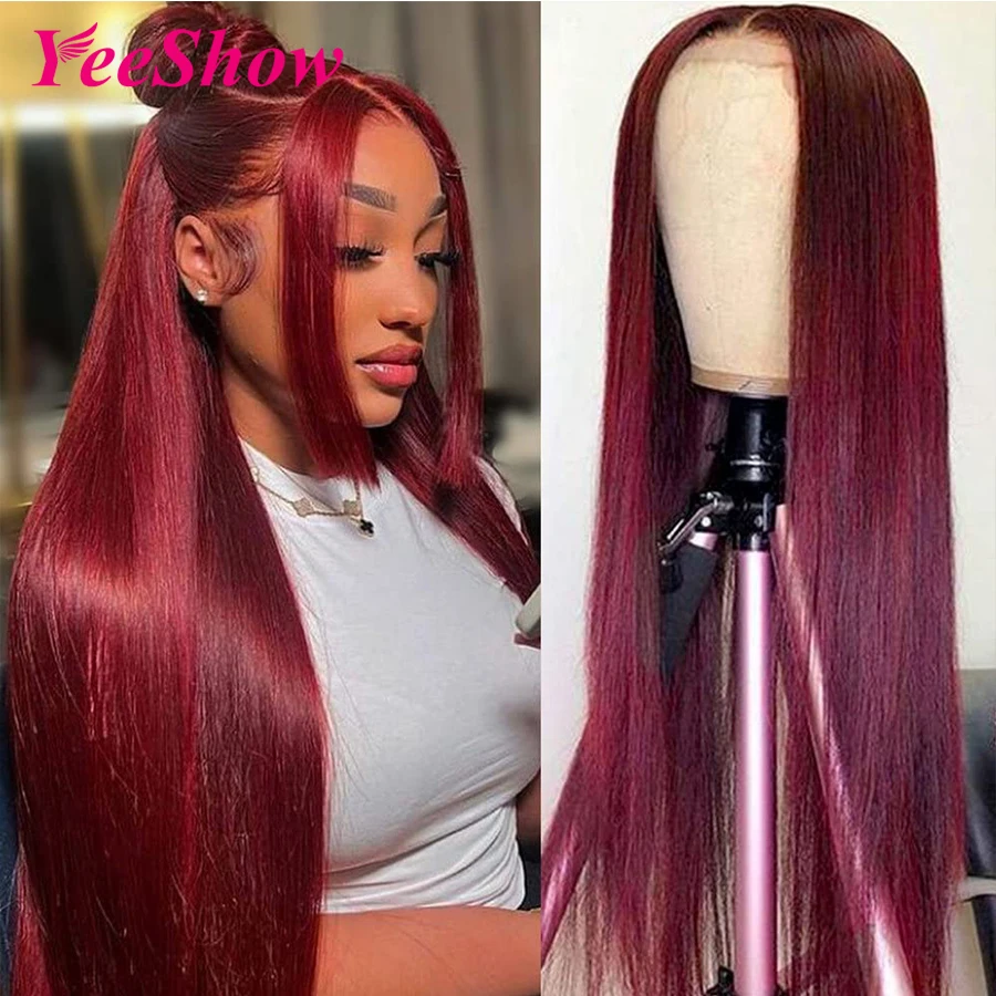 Burgundy Straight Lace Frontal Wig Pre Plucked Remy 13x4 99j Transparent Lace Front Human Hair Wigs For Women Color 180% Density