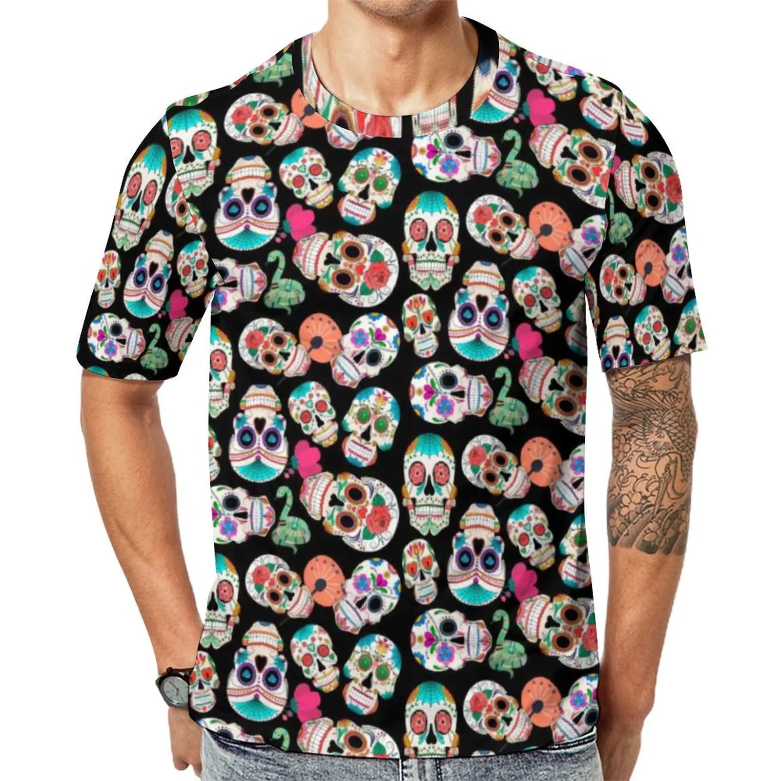 

Oversized T Shirt Summer Trendy Floral Skull T Shirts Colorful Sugar Skulls Classic O-Neck Tshirt Male Cool Graphic Top Tees