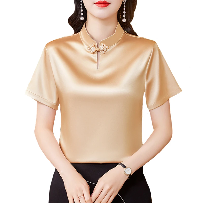 M-4XL 2024 Vintage Short sleeved Women Tops New Fashion Solid Color Satin Shirt Stand Collar Casual Summer Blouse