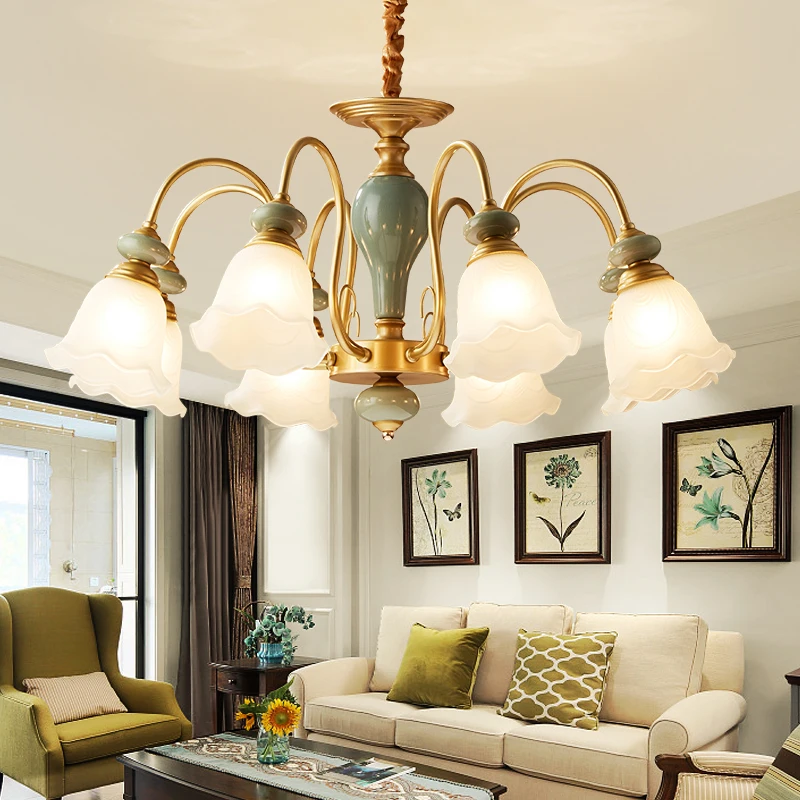 Vintage Bedroom Bronze and Blue Ceramic Bell Chandelier Design European Chandelier Bedroom Living Room E27 Bulb Villa Light