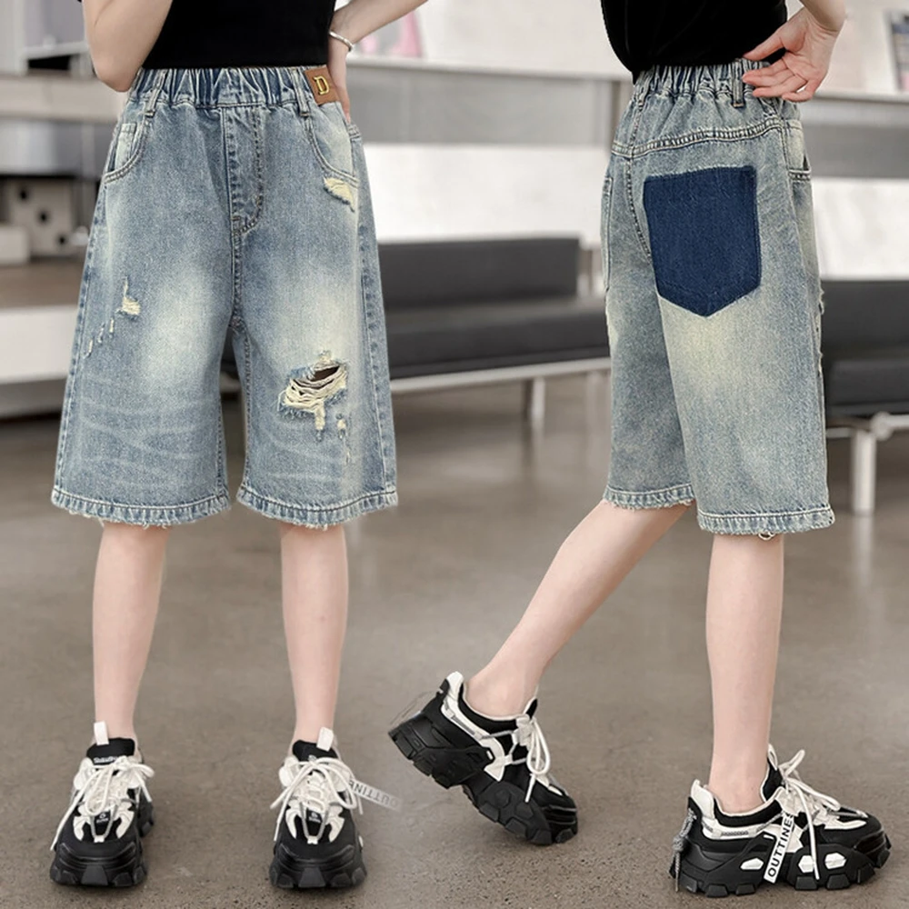 

Summer Girls Ripped Shorts Kids Thin Clothes Loose Denim Pants Korean Teenagers Children Casual Short Jeans 6 8 10 12 14 Years