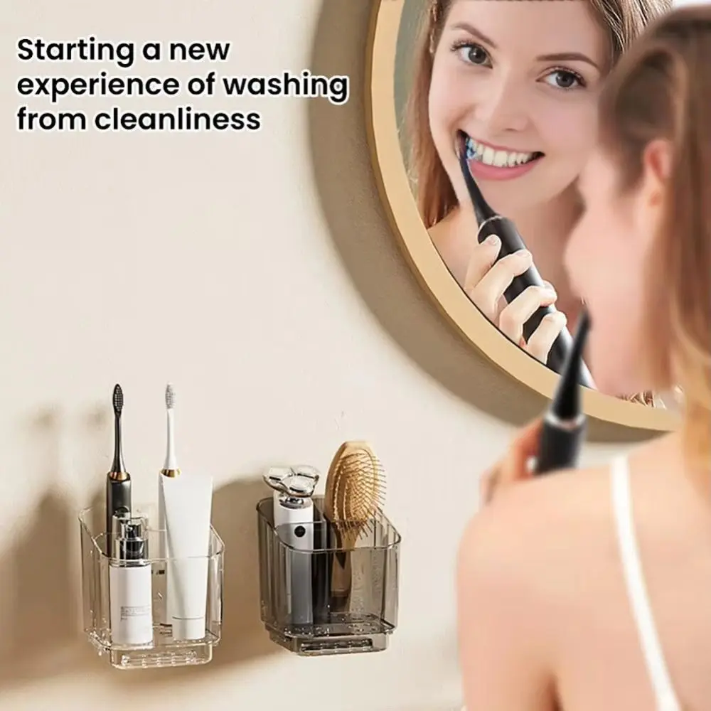 3 Slots Toothbrush Storage Rack Wall-mounted Self-adhesive Toothbrush Wall Shelves with Drain Tray Removable Divider