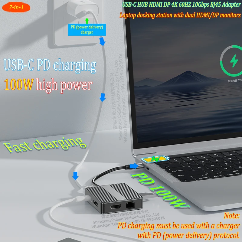 USB C Hub 7-In-1 USB3.2 Adapter Type C Hub Laptop Docking Station with 4K 60Hz Dual HDTV RJ45 Ethernet PD Fast Chargin for Mac