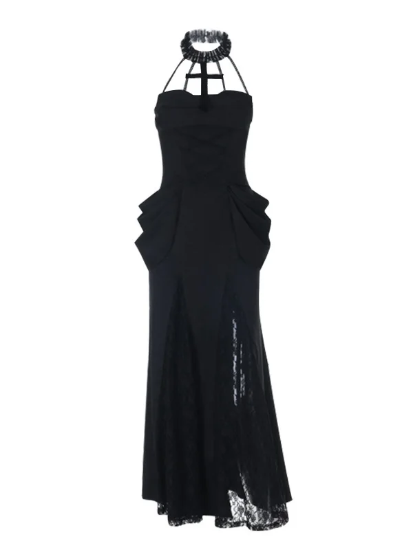 Costume gotico Sle loween Ne Hanging Dr da donna slim fit in vita lunga Dr sexy con cerniera a vita alta Bal