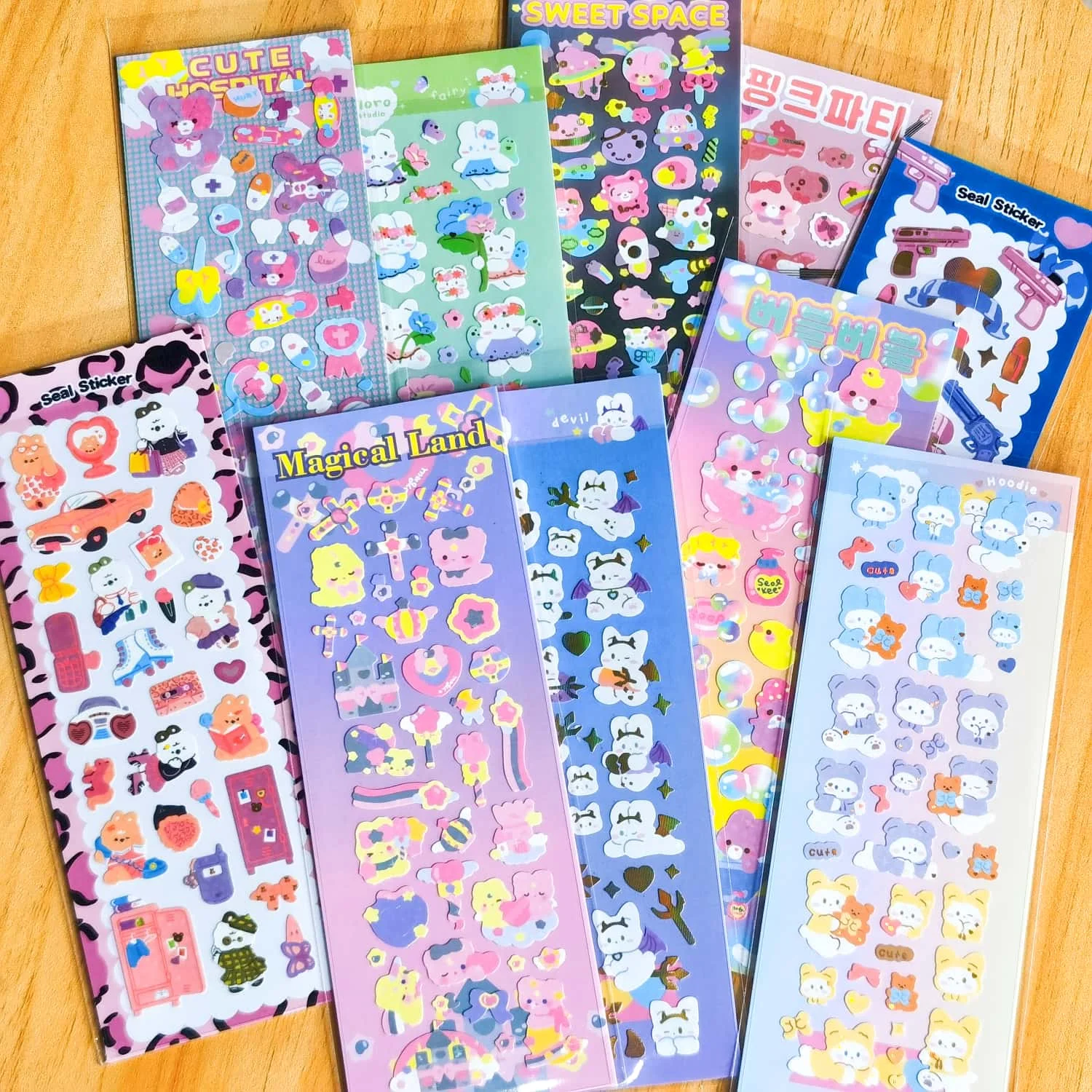 8 ~ 10 buah Paket Koleksi stiker holografik Korea imut-pita beruang lucu desain Confetti KPOP Toploader Deco, Jurnal