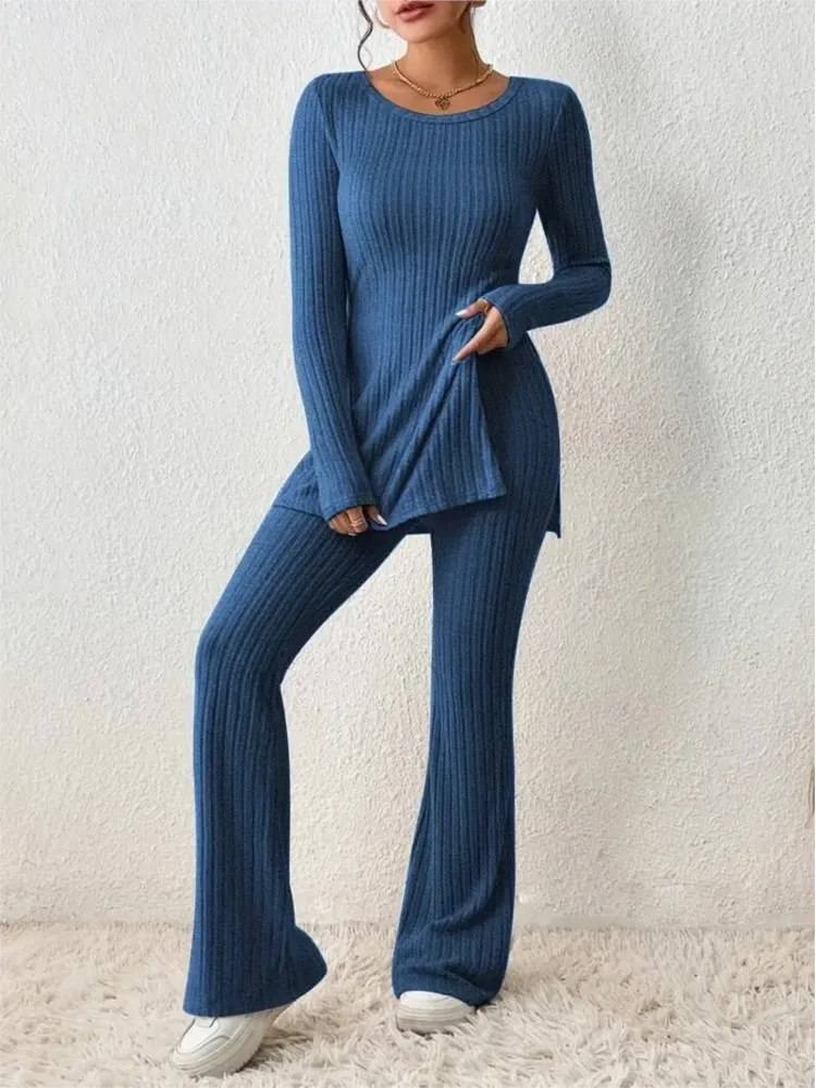 

Autumn Winter Knitted 2 Piece Suits Women Long Sleeve Ribbed Slit Long Top And High Waist Bell-bottoms Pants Set Fashion Outfit
