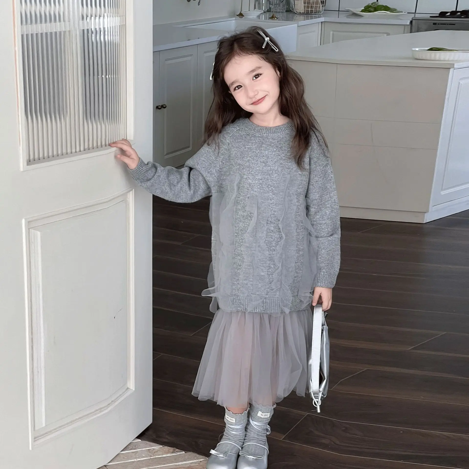 

Girls Skirts 2024 Autumn New Childrens Wear Korean Style Girl Baby Foreign Long Sleeve Knitted Yarn Dress Casual Simple Daily