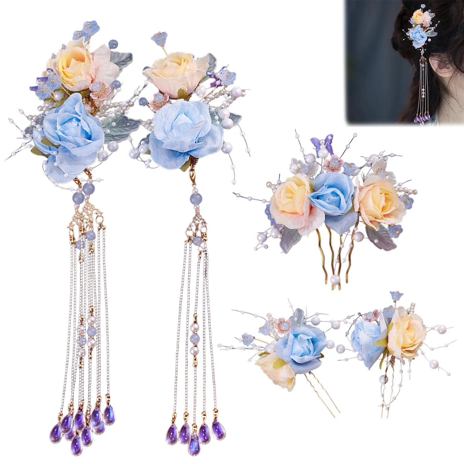 

Chinese Flower Hairpin Long Tassel Headpiece Vintage Pearl Hair Clips Ancient Wedding Hair Accessories Retro Hanfu Jewelry Sets