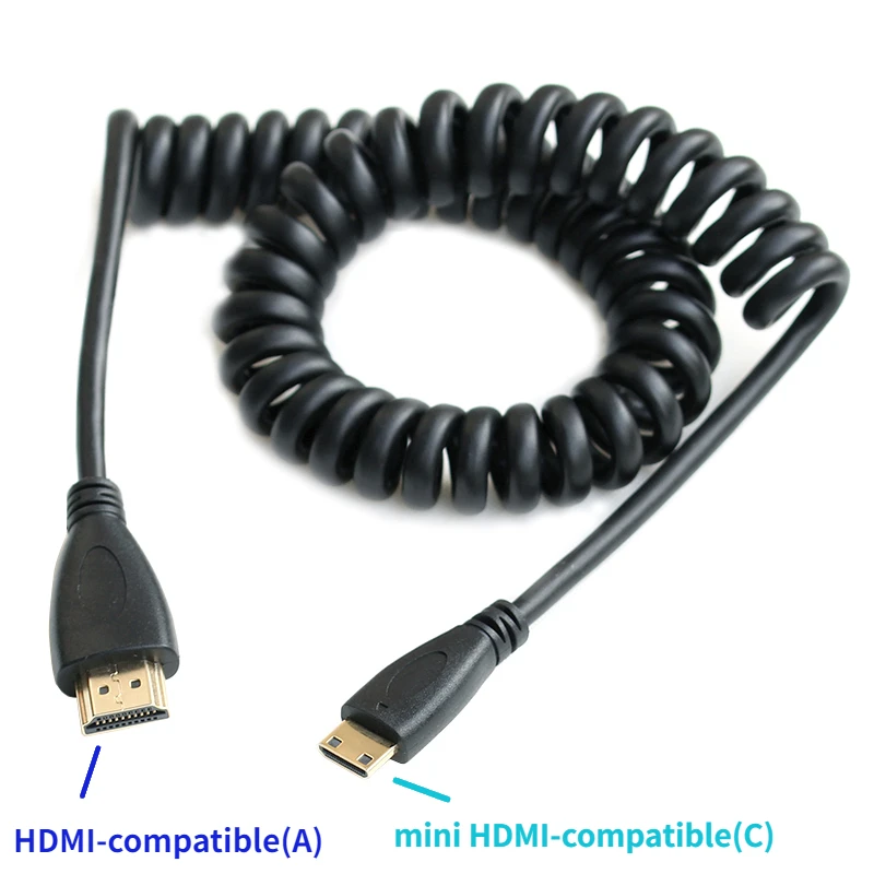 Elbow Spring Coiled C Type Mini HDTV Cable Right Left Angled Mini HD Male to HD Male Stretch  Cable 50cm ~130cm