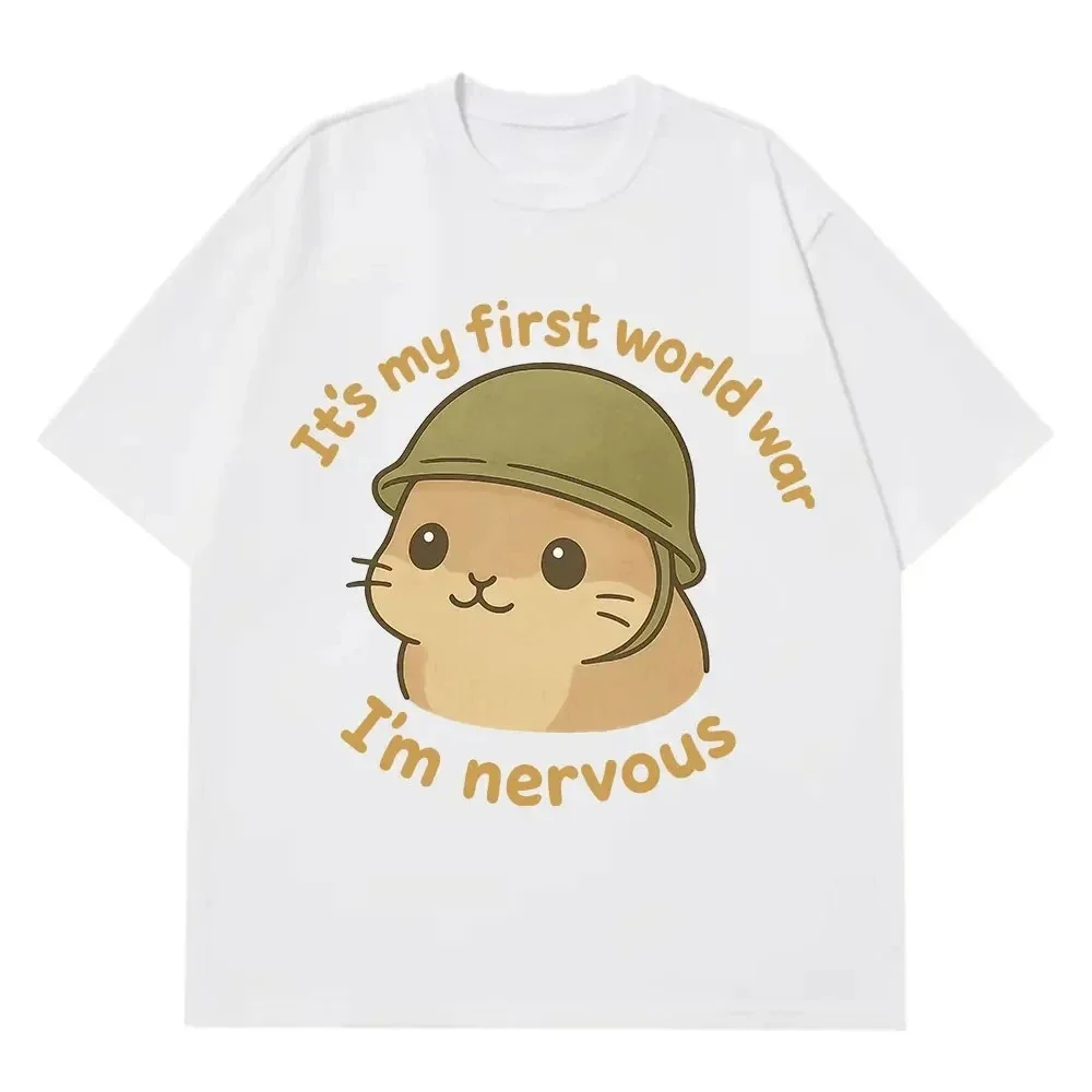 It's My First World War I'm Nervous Printed Cute Creative Hamster Print Summer Women's Short Sleeved Round Neck Casual Clothing