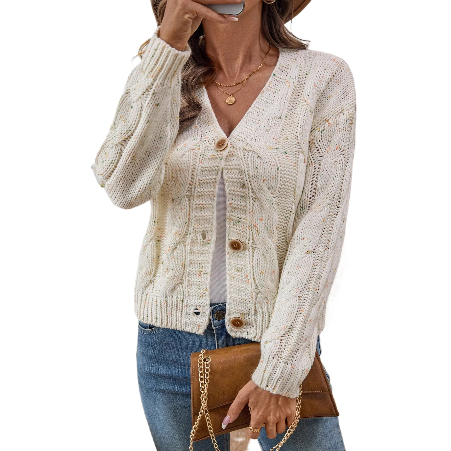 2025 cross-border foreign trade color dot long-sleeved button autumn  winter soft waxy thick thread thin women's knitted sweater