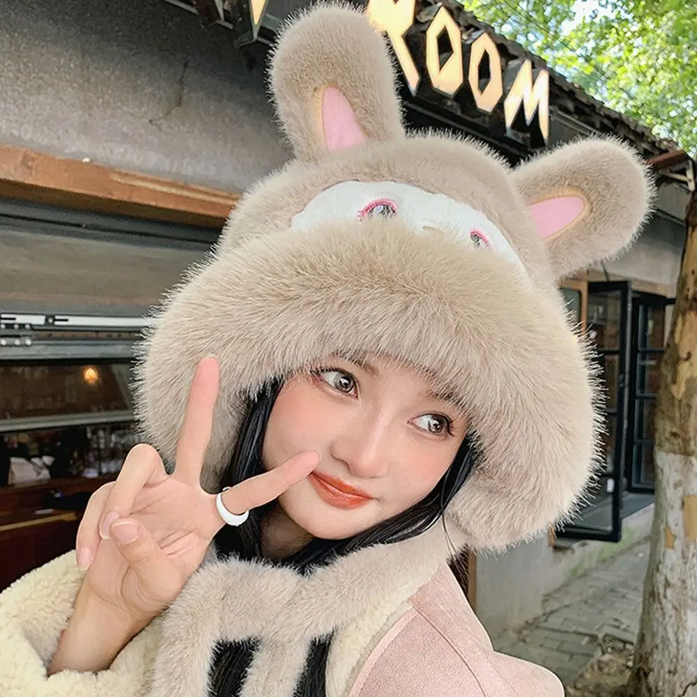 New Cute Cartoon Warm Hat Rabbit Ears Winter Pullover Hats Cold Proof Outdoor Riding Ear Protection Cap for Women