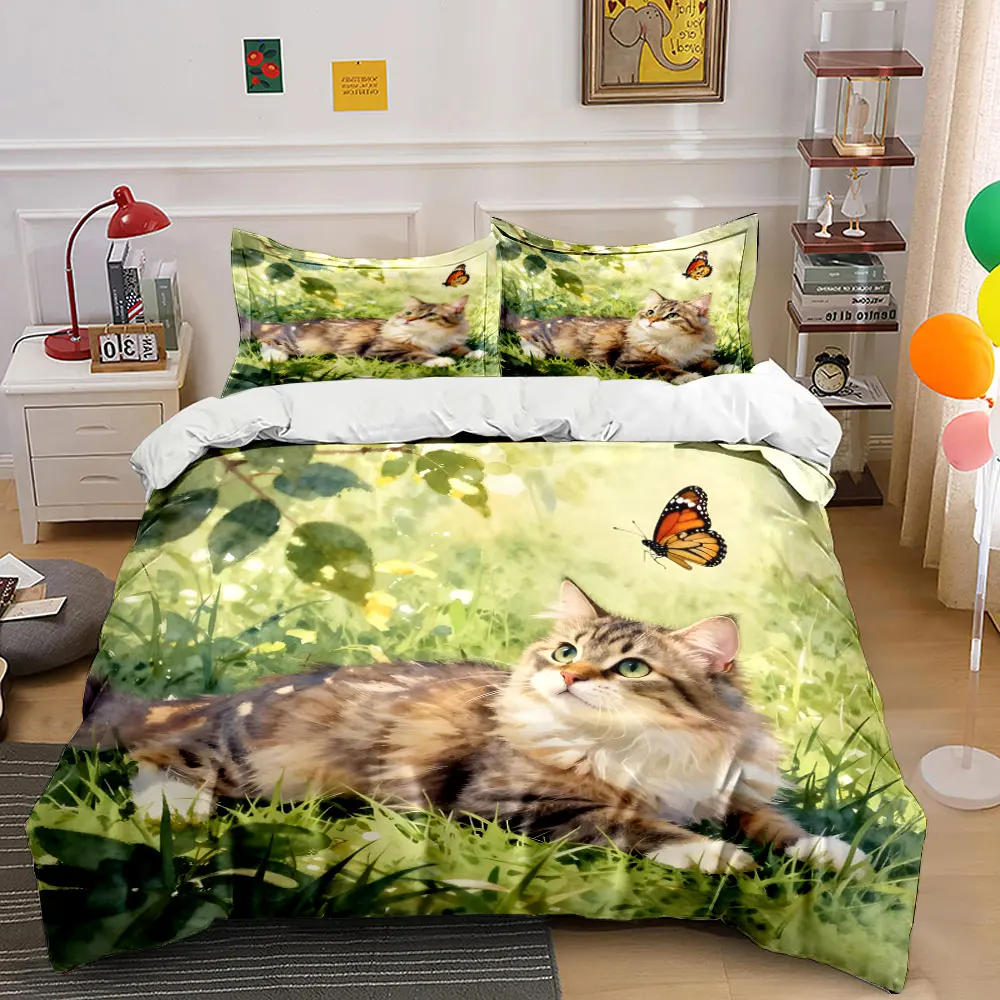 Cat and butterfly in grass Printed Duvet Cover Set 1 Duvet Cover+2 Pillowcase Multi Size Bedroom Bedding Decor Luxury gifts