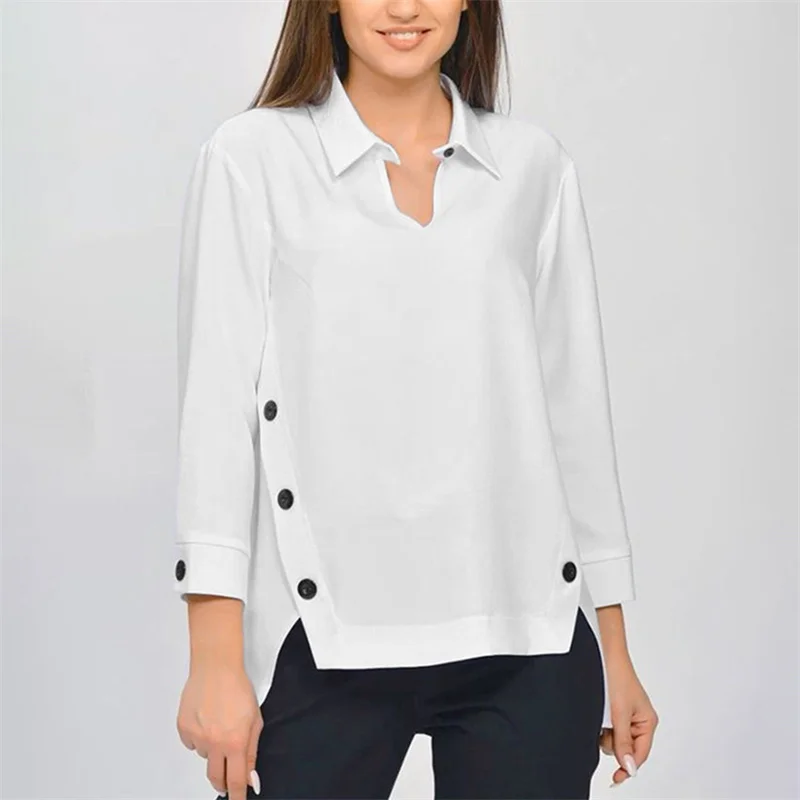 

Office Ladies Minimalist Hollow Out Lapel Blouses Fashion High-low Long Sleeves Loose Fit Urban Casual Shirts Tops