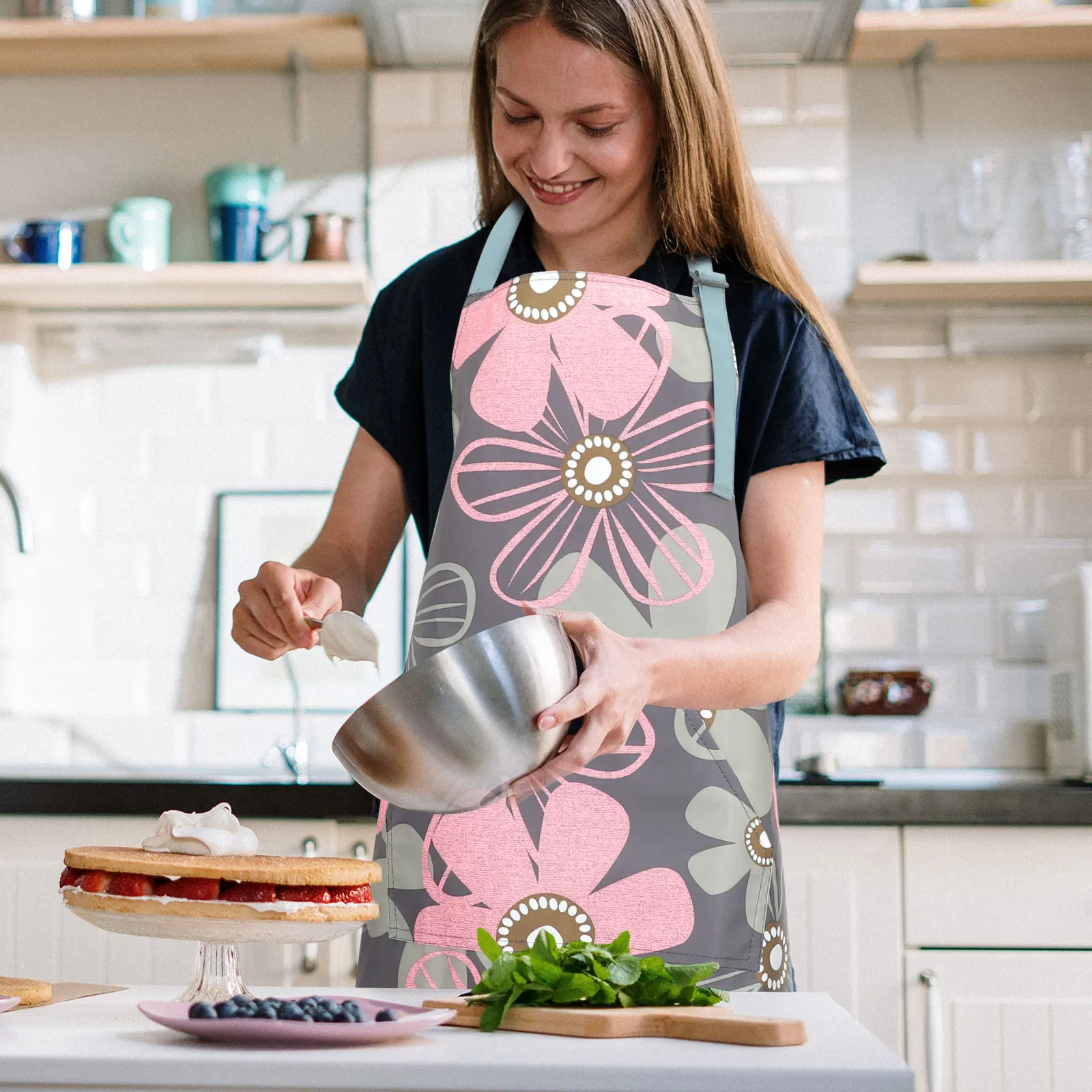 

Waterproof Apron Women Kitchen Hanging Neck Purple Oil Resistant Large Pocket Adjustable Comfortable Multi Purpose