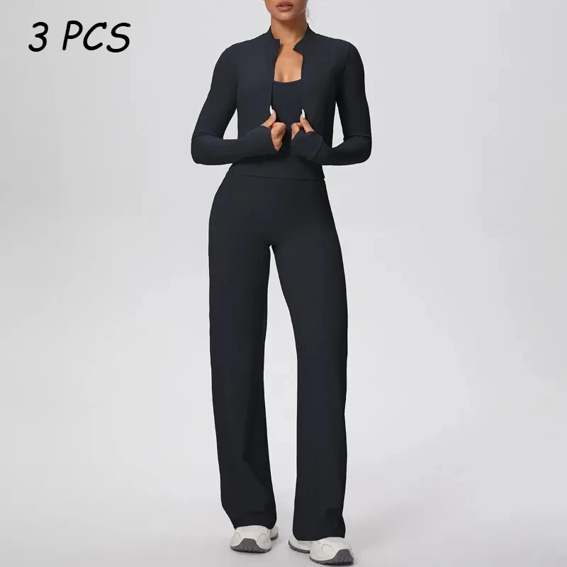 

Бесшовный комплект для йоги из 3 предметов для женщин, спортивный костюм для занятий спортом на открытом воздухе, фитнесом, тренажерным залом, куртка, облегающий бюстгальтер, широкие брюки, комплект из 3 предметов