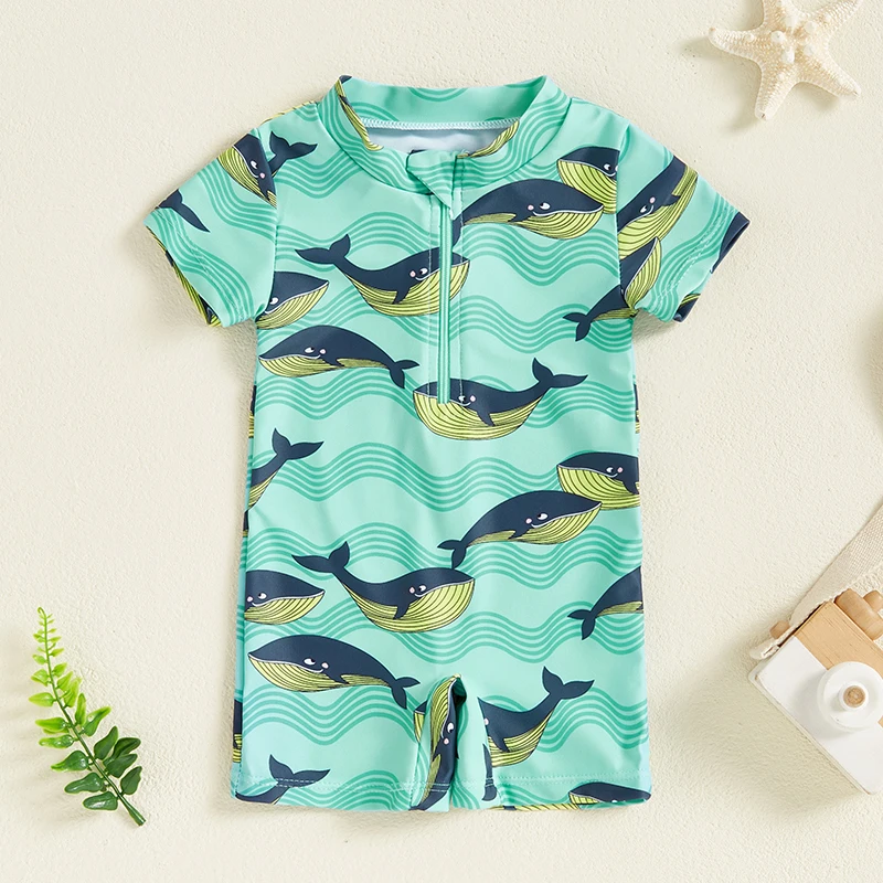 Toddler Kids Boys Rash Guard Swimsuit Playsuits Dinosaur/Whale/Octopus Print Zipper Short Sleeve Sun Protection Bathing Suits