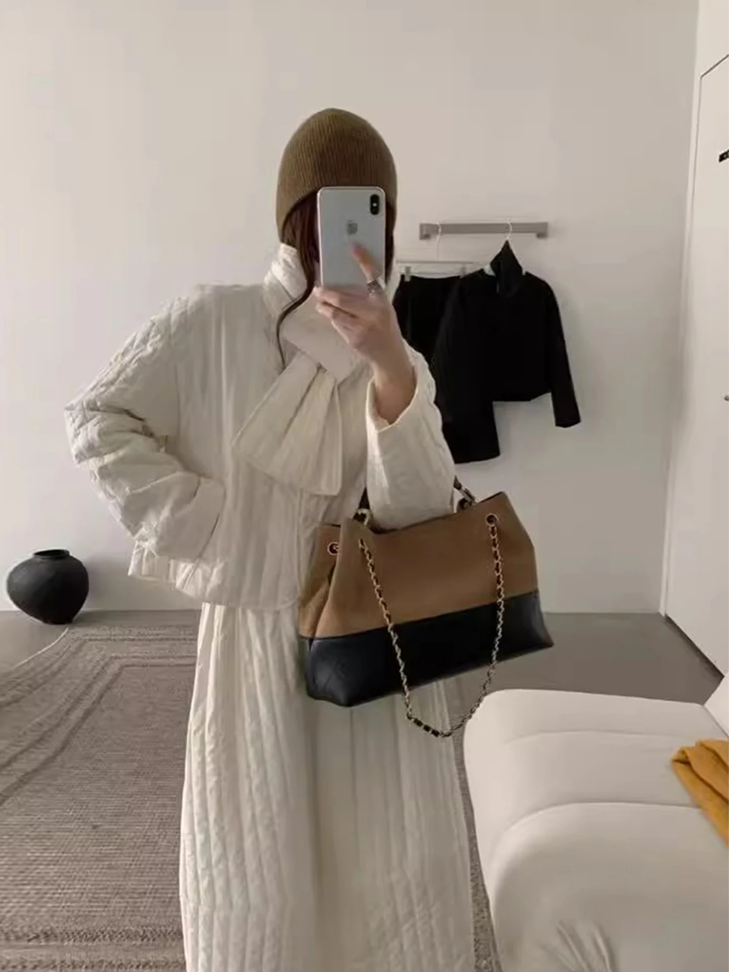 

Soft Wind Loose Versatile ort Cotton Jaet Women's Winter High Waist A-Line Skirt with Scarf Tee-Piece Set