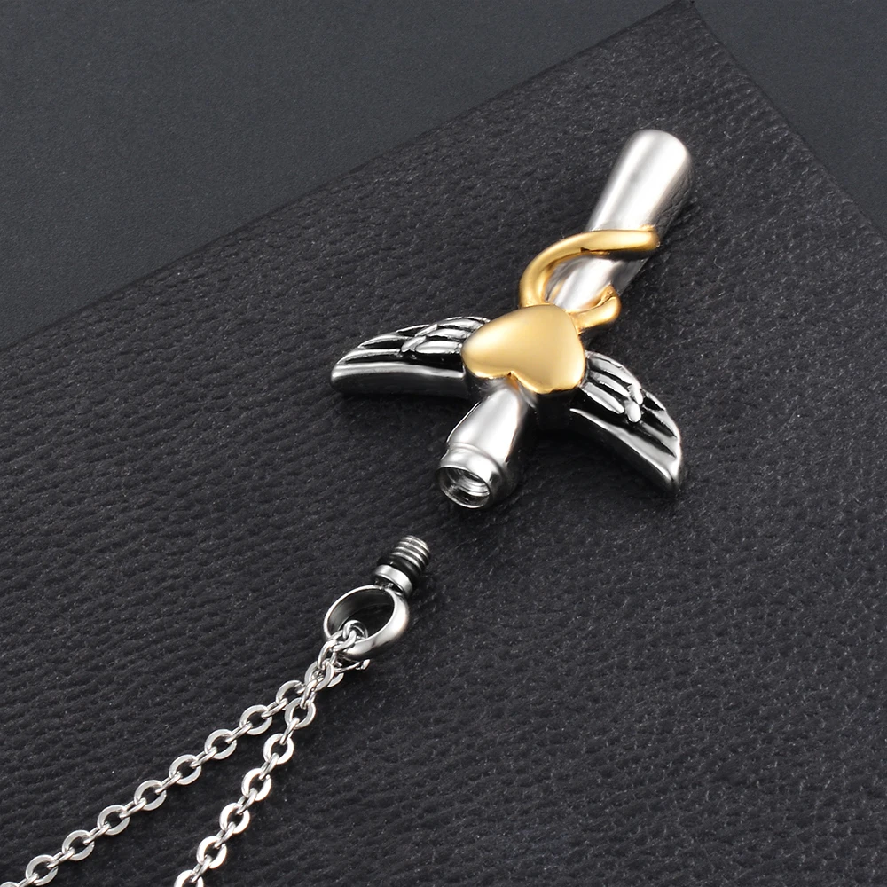 Cross with heart Urn Necklace Stainless Steel Cross Cremation Pendant For Ashes Keepsake Jewelry For Men with funnel