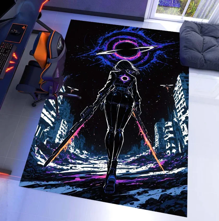 Cyberpunk Girl Gamer Rug Neon Sci Fi Synthwave Carpet, Machine-Washable Non-Slip Carpets