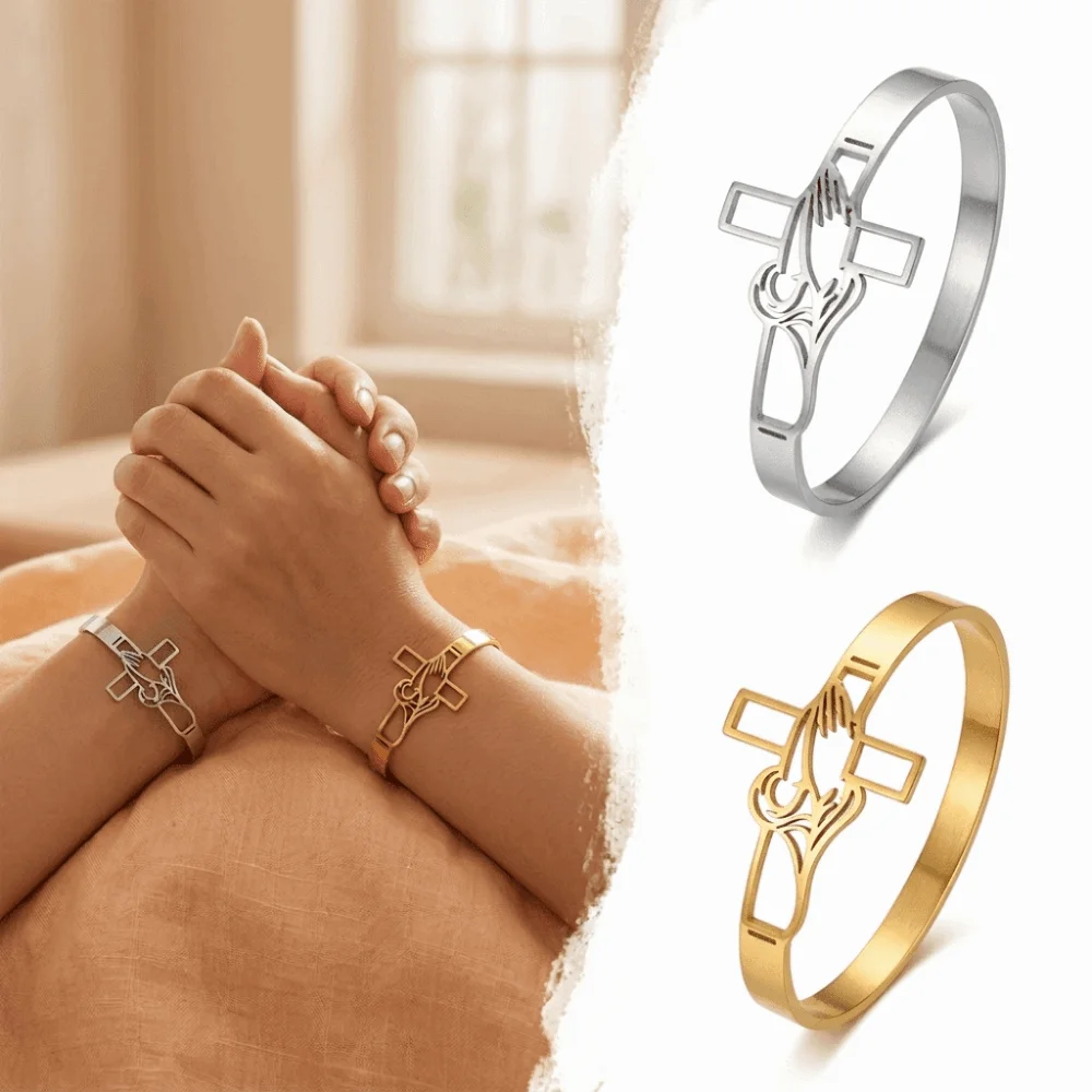 Polished Stainless Steel Cross Bangle Open-Ended Design Tarnish-Resistant Cuff Bracelet Skin-Friendly Timeless Appearance