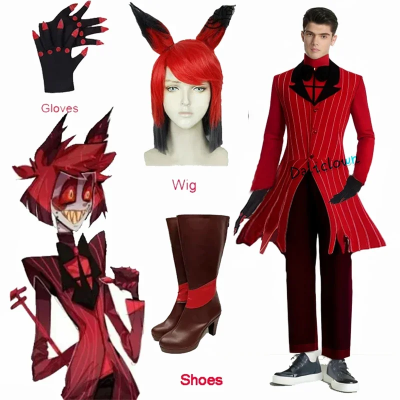 ALASTOR Cosplay Hazbin Anime Cosplay Costume Wig Ears Hotel Shoes Accessories Halloween Party Uniform Men Women Jacket Red Suit