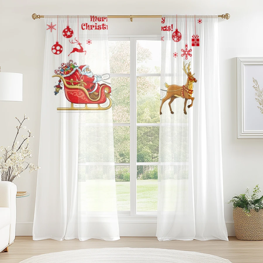 2PCS Christmas Sheer Curtains, Santa Sleigh Reindeer, Digital Print, Bedroom Living Room, Rod Pocket Polyester, Home Decor