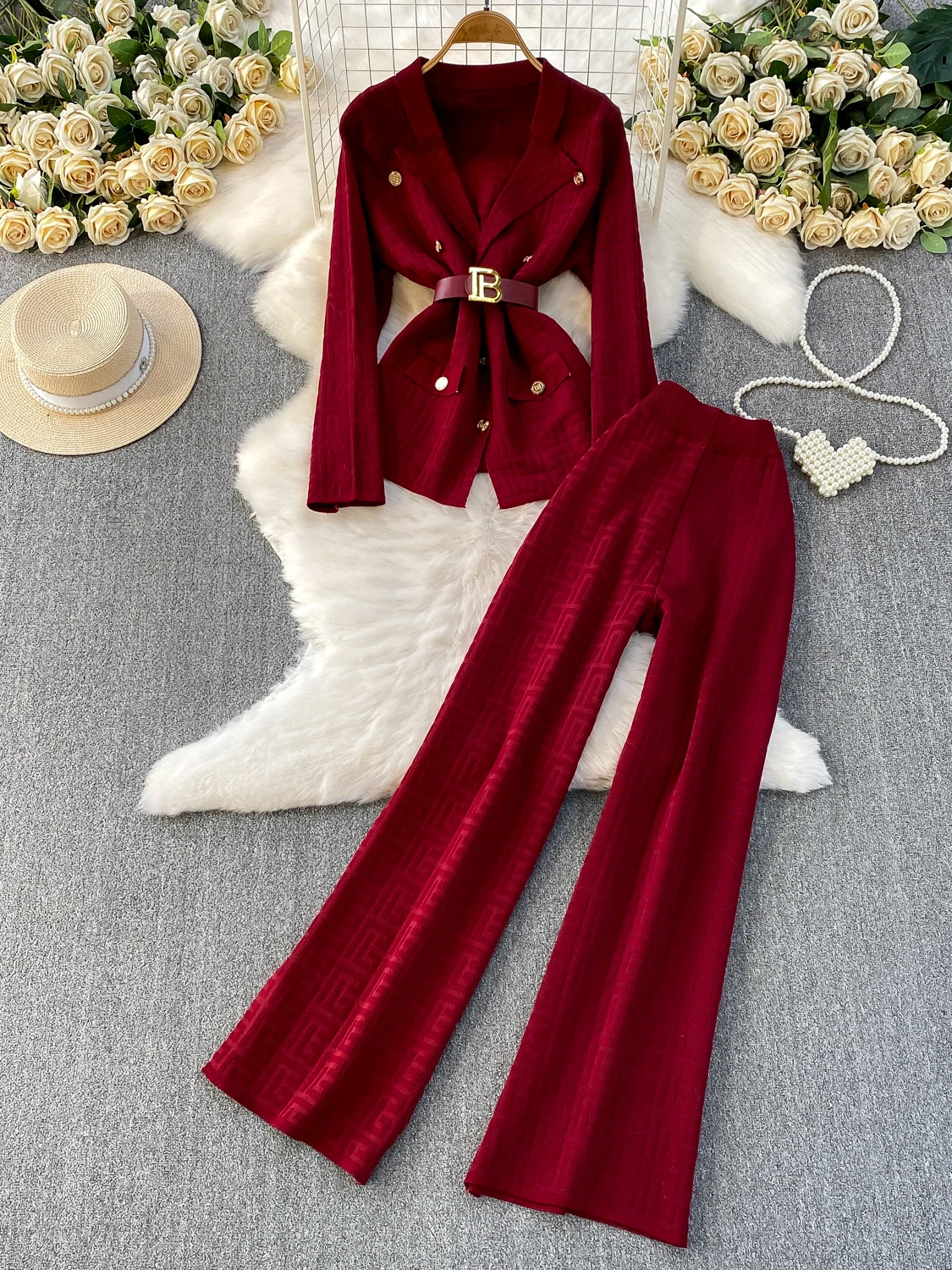 Ele Metal Button-Up Knitted Jaet High Waist Suit Collar Two-Piece Set Slimming Waist Wide Leg Pants Faionable Ensemble