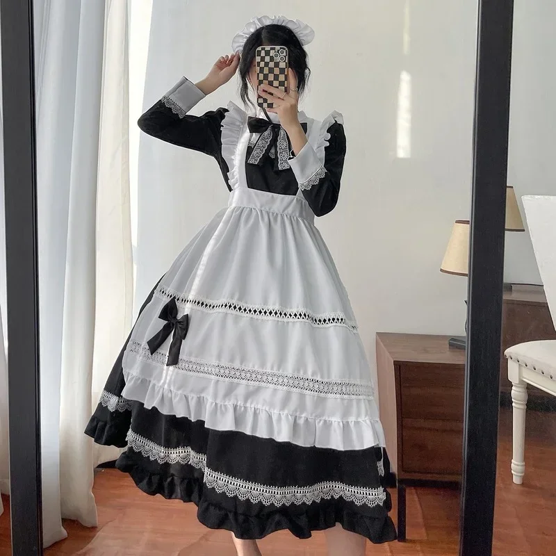 Vestido lolita de talla grande, cosplay de anime, uniforme de sirvienta para colegiala, vestido gótico de Lolita con esferas blancas y negras, trajes delantal de manga larga