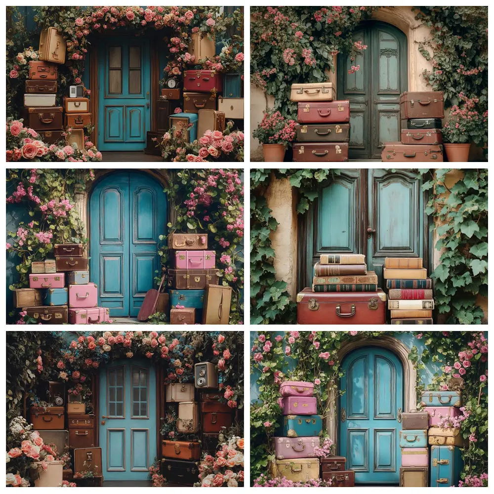 Spring Easter Backdrop For Photography Travel Luggage Clock Vintage Flower Wall Kids Birthday Party Photocall Background Decor