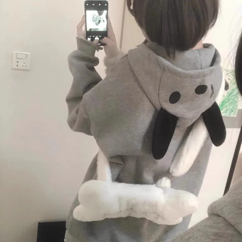 Japanese Cute Loose Long Sleeve Coat Kawaii Sweet Gray Hoodies with Hooded 2024 Autumn New Women Y2k Harajuku Casual Sweatshirts